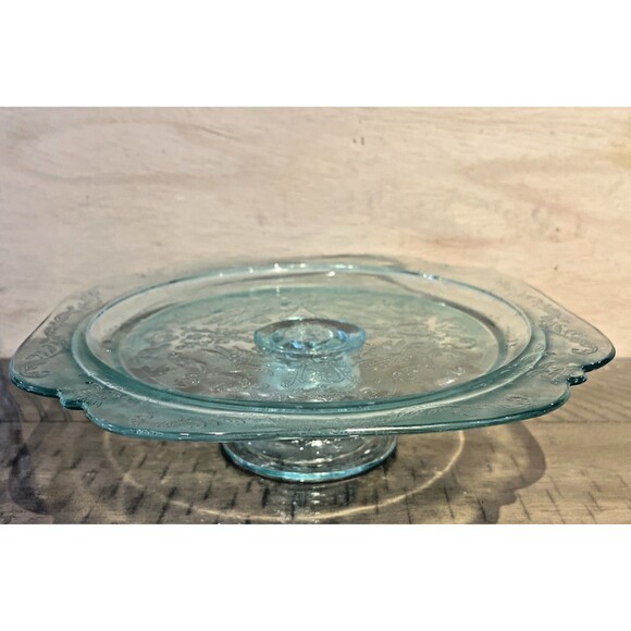 Indiana Glass Recollection Madrid Cake Stand Plate Footed Green Teal Aquamarine - Picture 1 of 5